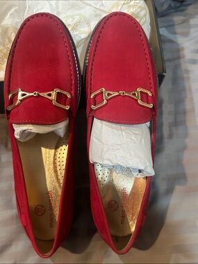 Marc Joseph Red Suede Slip-On Loafers with Gold Hardware